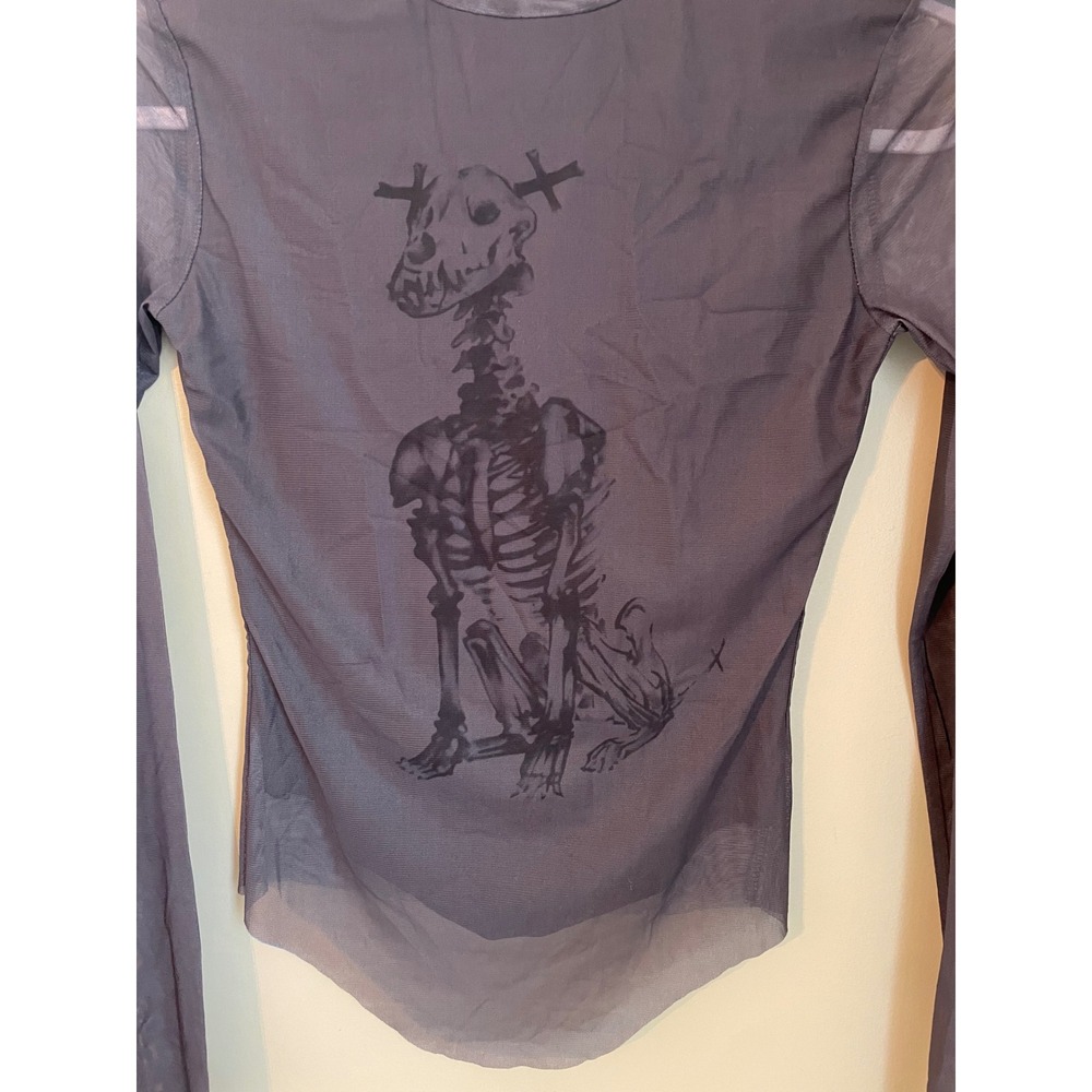 Gray Skeleton Dog Mock Neck Mesh Long Sleeve Top Size S Gothic Grunge Punk - Picture 2 of 8